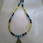 Brand New Handmade Yellow Blue and Black Glass Tear Drop Necklace