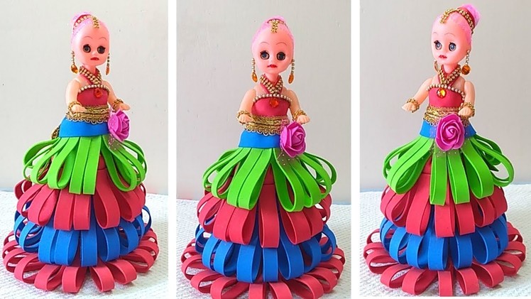 DIY Barbie Doll Dress.How to make Doll Dress with Foam.Doll with Indian Bridal Dress & Jewellery