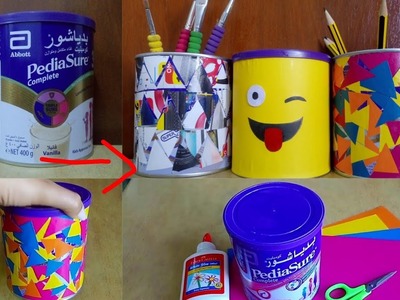 DIY.how to recycle tin can to desk organiser. milk powder tin can craft ideas.DIY home decor ideas.