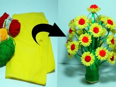 DIY.NEW DESIGN SHOPPING BAG WITH WOOLEN GULDASTA.PLASTIC BOTTEL GULDASTA.EASY TO MAKE FLOWER