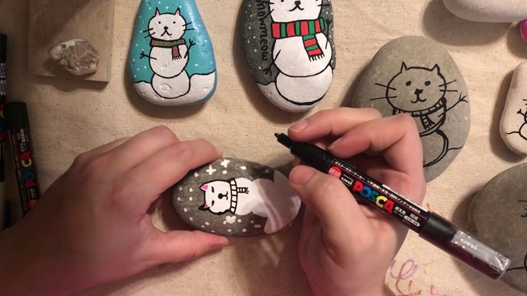 Painted Rock Snowman Cat Tutorial Made With Paint Pens.