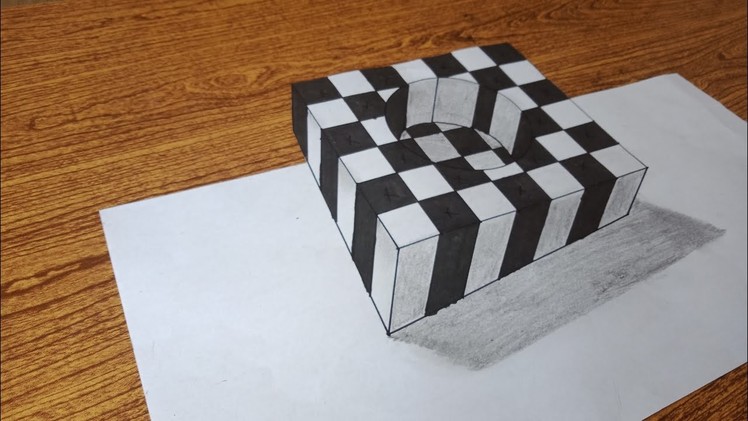 3D trick art on paper - chess hole by simple drawing tutorial