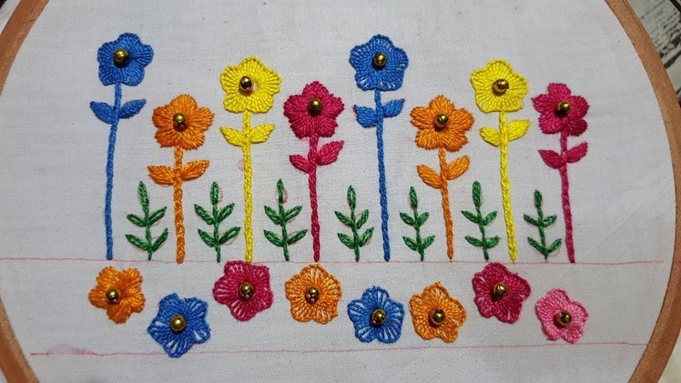 Hand Embroidery Baby Frocks Border Design Multi Flowers Stitch #2