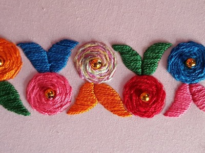 Hand embroidery Dupatta. border  design stem stitch rose hand work
