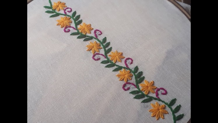 Hand embroidery flower border design | Border design tutorial