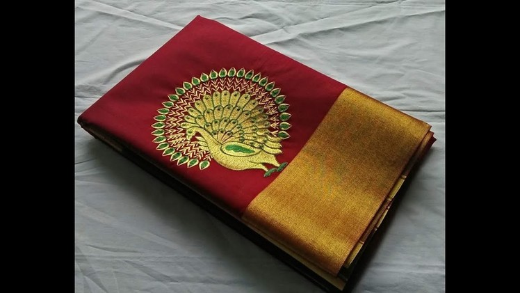 Peacock Hand Embroidery Silk Cotton Saree With Gold Border || party wear Silk Saree Peacock Design