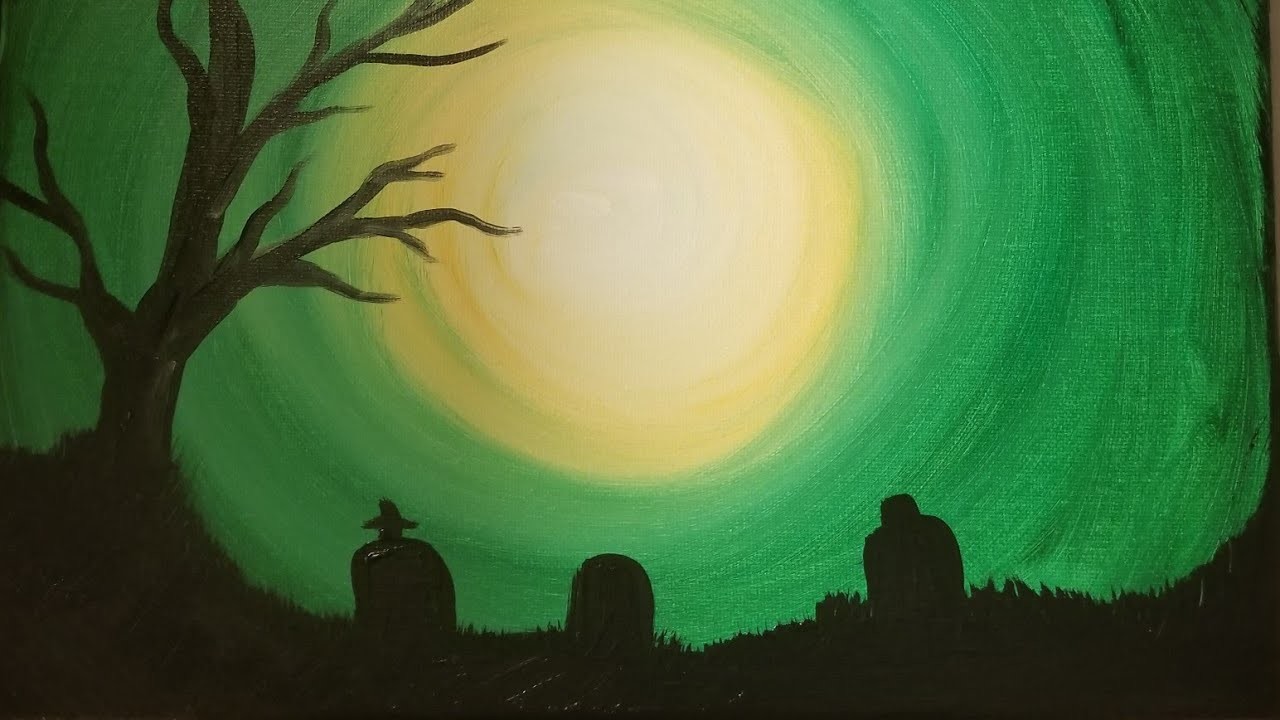 Spooky paintings. Ночь с приведением рисуем акрилом. Halloween Graveyard.