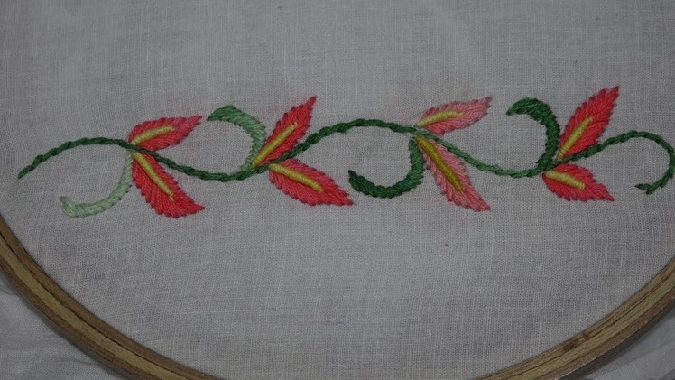 Hand Embroidery : Border line Embroidery : Bullion Knot Stitch & Fish bone Stitch Embroidery