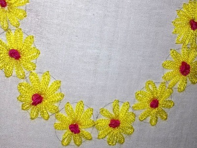 Hand embroidery design for neck : lazy daisy stitch neck design.