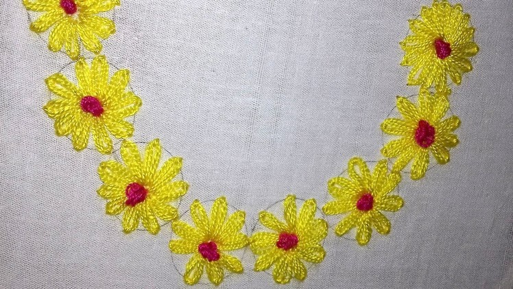 Hand embroidery design for neck : lazy daisy stitch neck design.