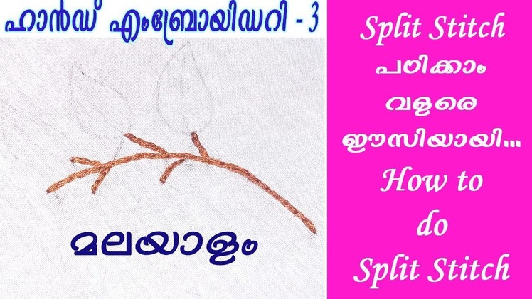 Hand Embroidery Lesson 3 - How to do Split Stitch - Malayalam - EHW 3