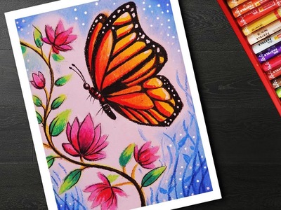 How to draw Easy Butterfly and Flower Scenery drawing and painting
