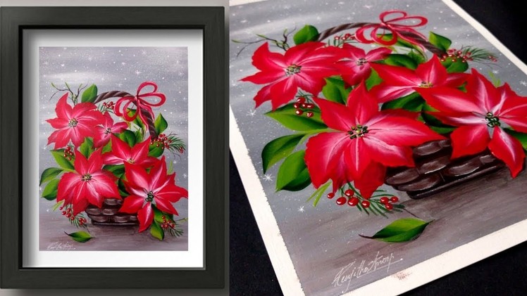 Simple Acrylic Painting. Satisfying. Demonstration in Acrylics. Poinsettia. Christmas Day #2