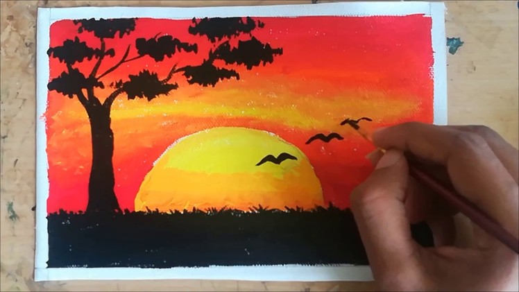 Sunset trees easy acrylic painting on canavas | acrylic paiting for beginners