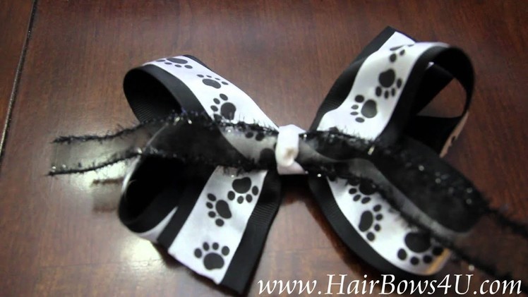 Black and White Dog Paw Prints Hair Bow Double Layered- video demo