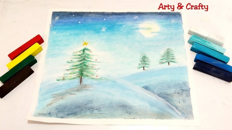 Christmas Tree in Snow Drawing.Moonlight Landscape Painting.Winter Snow Painting for Beginner