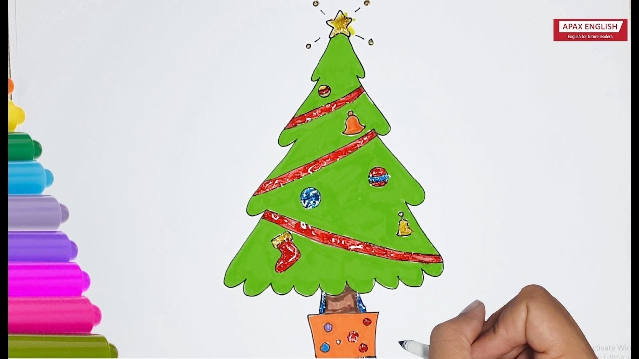 How to Draw Christmas Tree and Star EASY For Kids, Draw and Glitter A ...