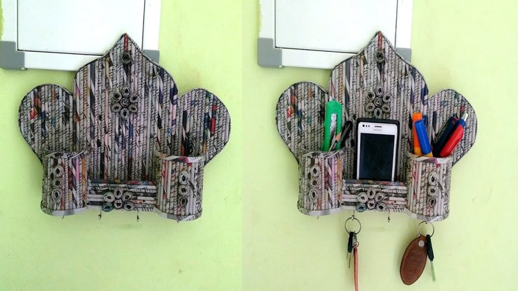 How to make wall mount key holder with Organizer using Newspaper | Best out of waste