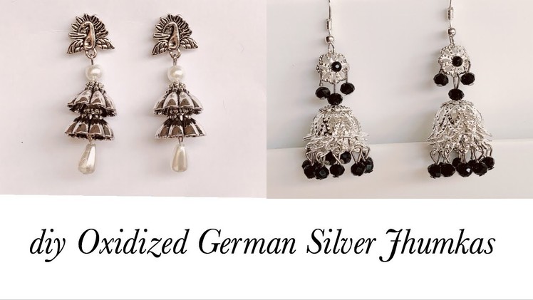 Making German Silver Earrings||Oxidized Silver Jhumkas With Bead Caps||Handmade Jhumkas