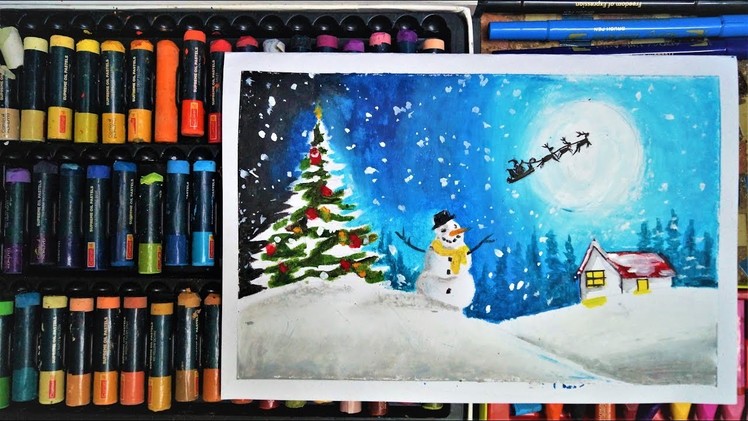MERRY CHRISTMAS CARD DRAWING || HOW TO DRAW SNOWMAN WITH OIL PASTEL|| CHRISTMAS 2018