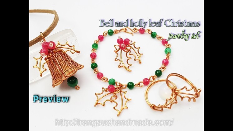 Preview Bell and holly leaf Christmas jewelry set - Ideas for Christmas from copper wire 437