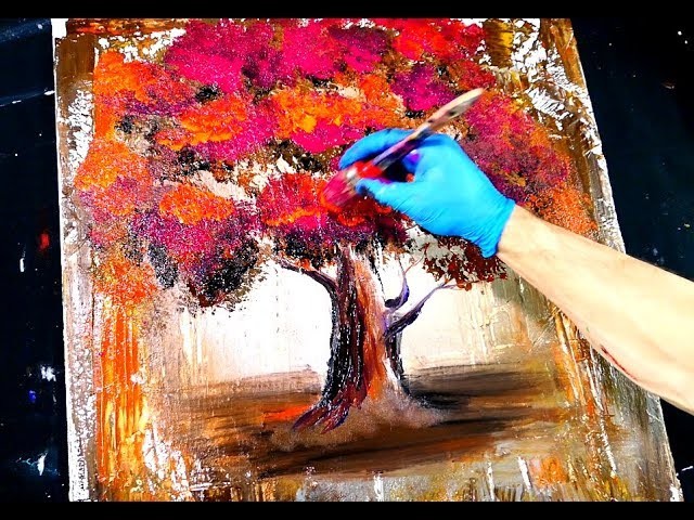 Abstract painting - magenta orange tree -  wood grain tool and round brush techniques