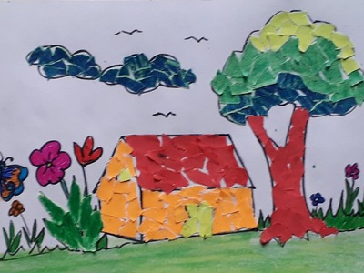 Craft from paper.draw a beautiful house from tearing and pasting paper