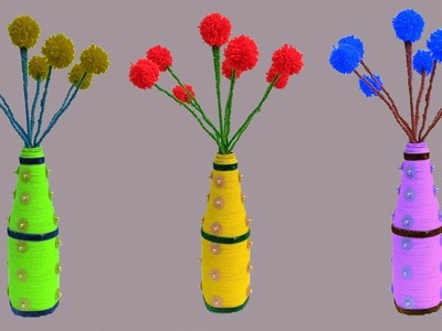 Diy Woolen Guldasta ideas Flower Pot.Waste Plastic bottle Guldasta. best craft DIY