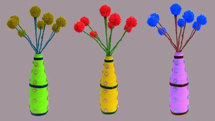 Diy Woolen Guldasta ideas Flower Pot.Waste Plastic bottle Guldasta. best craft DIY