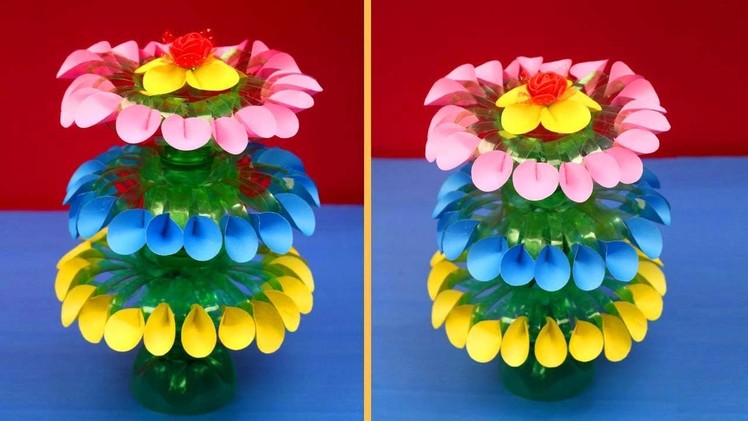 Empty Plastic Bottle Vase Making Craft. Plastic Bottle Recycle Flower Vase Art Decoration Idea