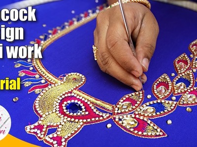 Aari peacock design | Hand embroidery peacock design neck blouse | maggam work