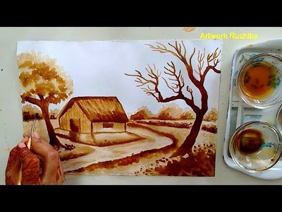 Coffee Painting Village Scenery | Simple & Easy Painting