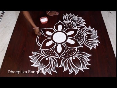 Creative art lotus rangoli design for festivals * freehand lotus kolam * easy rangoli