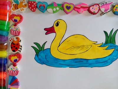 Drawing and Coloring of Duck, Water and Green Plants for Kids