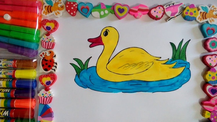 Drawing and Coloring of Duck, Water and Green Plants for Kids