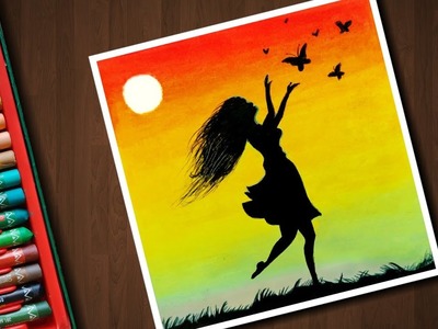 Girl with Butterfly scenery drawing for beginners with Oil Pastels - step by step