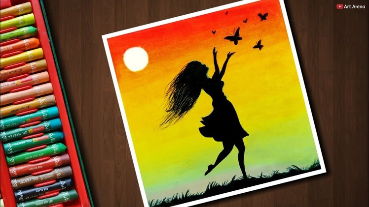 Girl with Butterfly scenery drawing for beginners with Oil Pastels - step by step