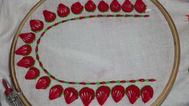 Hand Embroidery : Neckline Embroidery : Button Hole Stitch & Heavy Chain Stitch( Two Color )