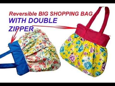 Reversible both side big shopping bag WITH ZIPPER , cutting and stitching in hindi , handmade bag