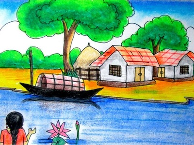 Riverside scenery landscape for beginners- village scenery drawing- nature art drawing by Indrajit