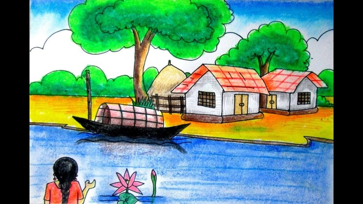 Riverside scenery landscape for beginners- village scenery drawing- nature art drawing by Indrajit