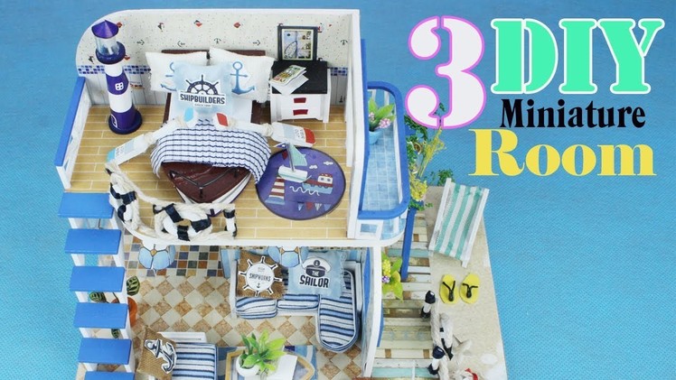3 DIY Miniature Dollhouse Kit Rooms - Bedroom, Livingroom, Bathroom