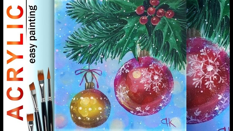 "Christmas & holly leaves" How to paint ????ACRYLIC DEMO tutorial for beginners
