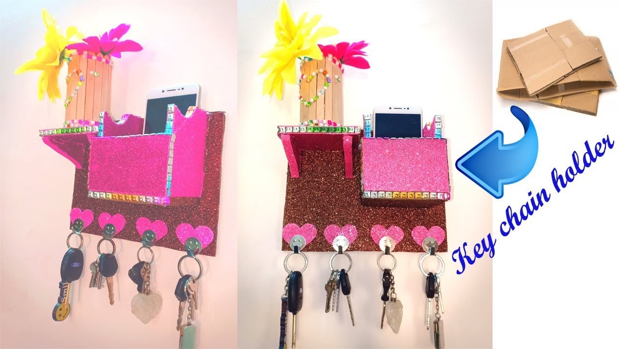 How to make Key chain holder and mobile stand with card board ! best out of waste ! cardboard crafts