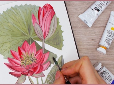 How to Paint a Water Lily Lotus Flower with Gouache Step by Step. Art Journal Thursday