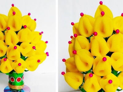 How To Make Flower Vase With Foam Sheet.New Design Foam Guldasta.BEST use of ribbin and CD