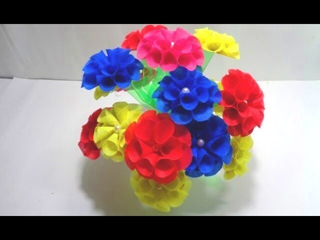 How to Make Shopping Bag Flower || Empty Plastic Bottle Vase Making Crafts ||Best out of waste