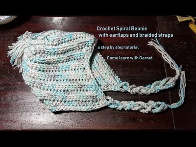 DIY-#crochet Spiral Beanie with ear flaps and braided straps