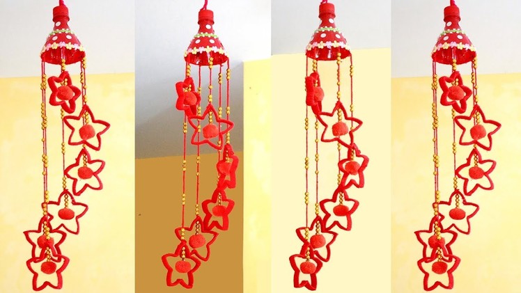 DIY: Plastic Bottle star shaped wind chimes!!! Beautiful Wall Hanging With Plastic Bottle & Woolen