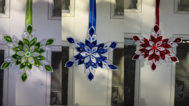 Satin ribbon snowflake. Christmas decoration. kanzashi. Super easy to make